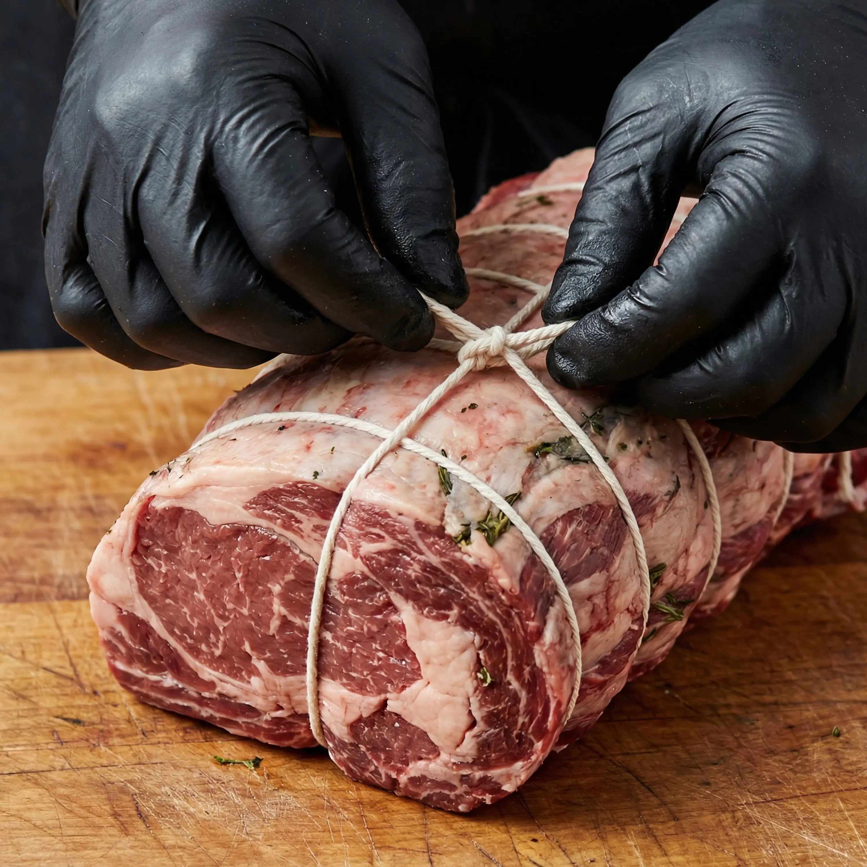 A person in black gloves ties seasoned raw beef with kitchen twine on a wooden cutting board, preparing it for cooking.
