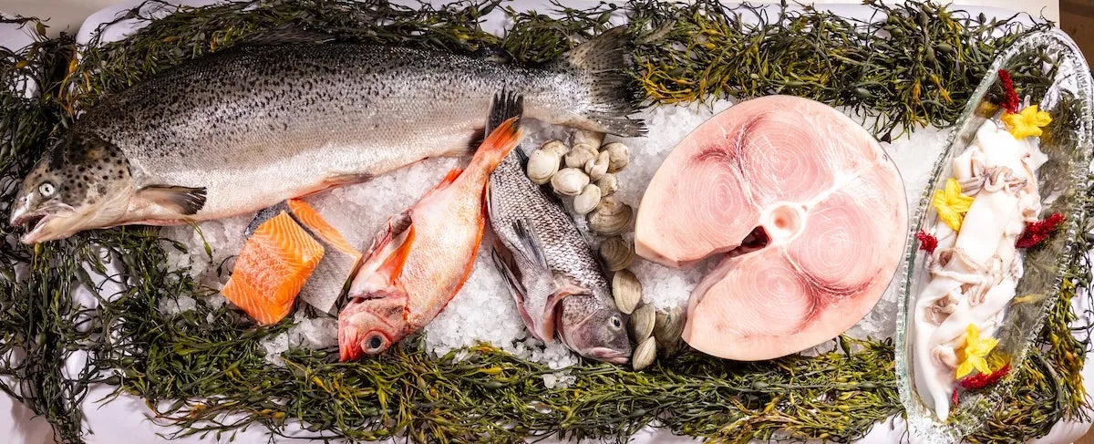 Assorted fresh fish on ice with seaweed