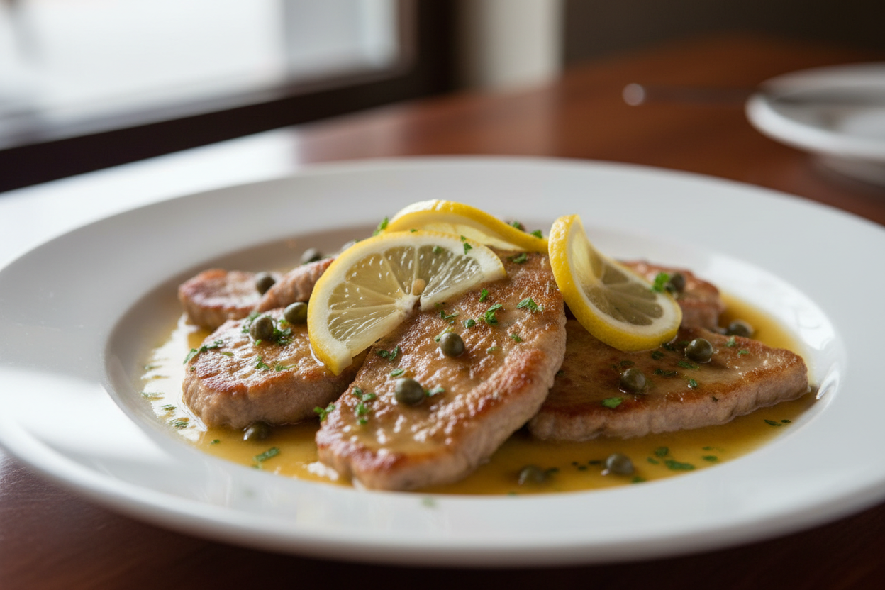 Plated dish of meat with lemon slices and capers on a white plate.