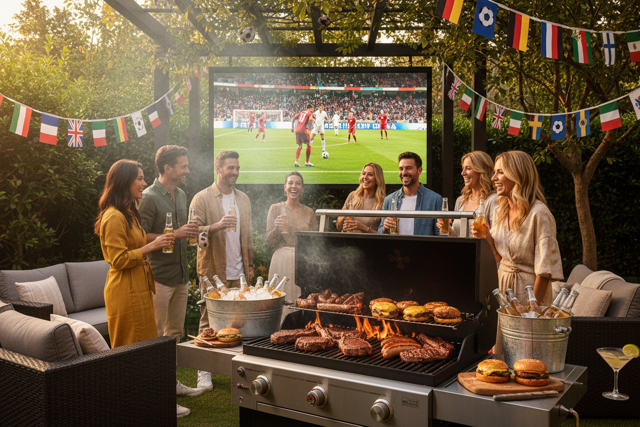 Group of people standing around a grill with a tv screen on behind