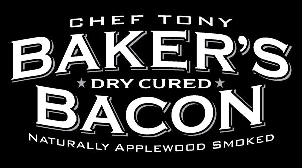 Black-and-white logo reading “Chef Tony BAKER’S Dry Cured BACON Naturally Applewood Smoked” in stylized type, highlighting the product's artisanal quality and smoking method.