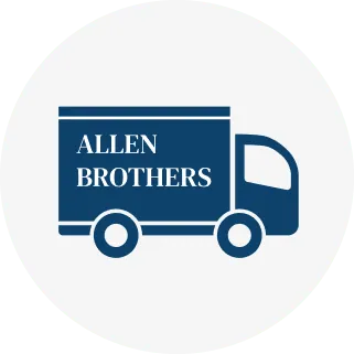 A dark blue delivery truck icon with the text 'ALLEN BROTHERS' in white, centered on a light gray circular background.
