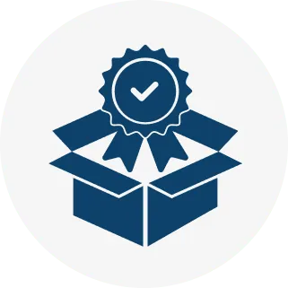 A dark blue icon of an open box with a ribbon badge and checkmark, centered on a light gray circular background.