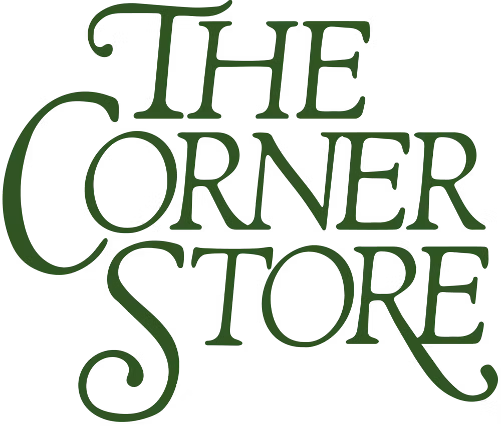 Green text 'The Corner Store' on a white background