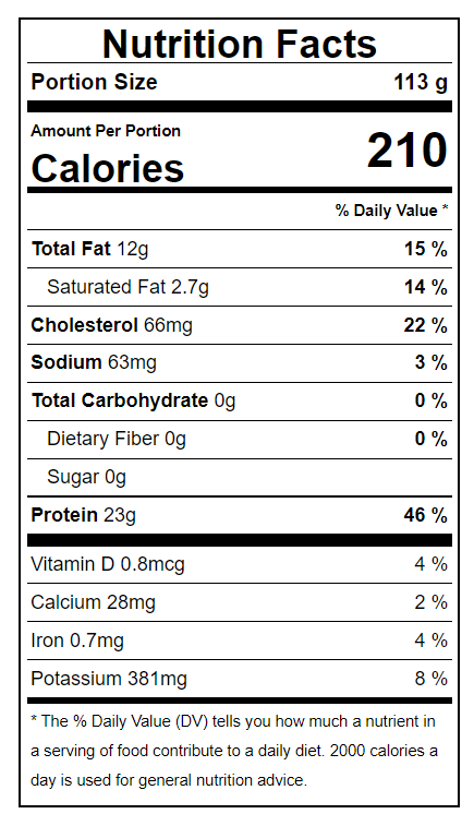 Nutrition facts label for a food product with detailed calorie count and nutritional content.