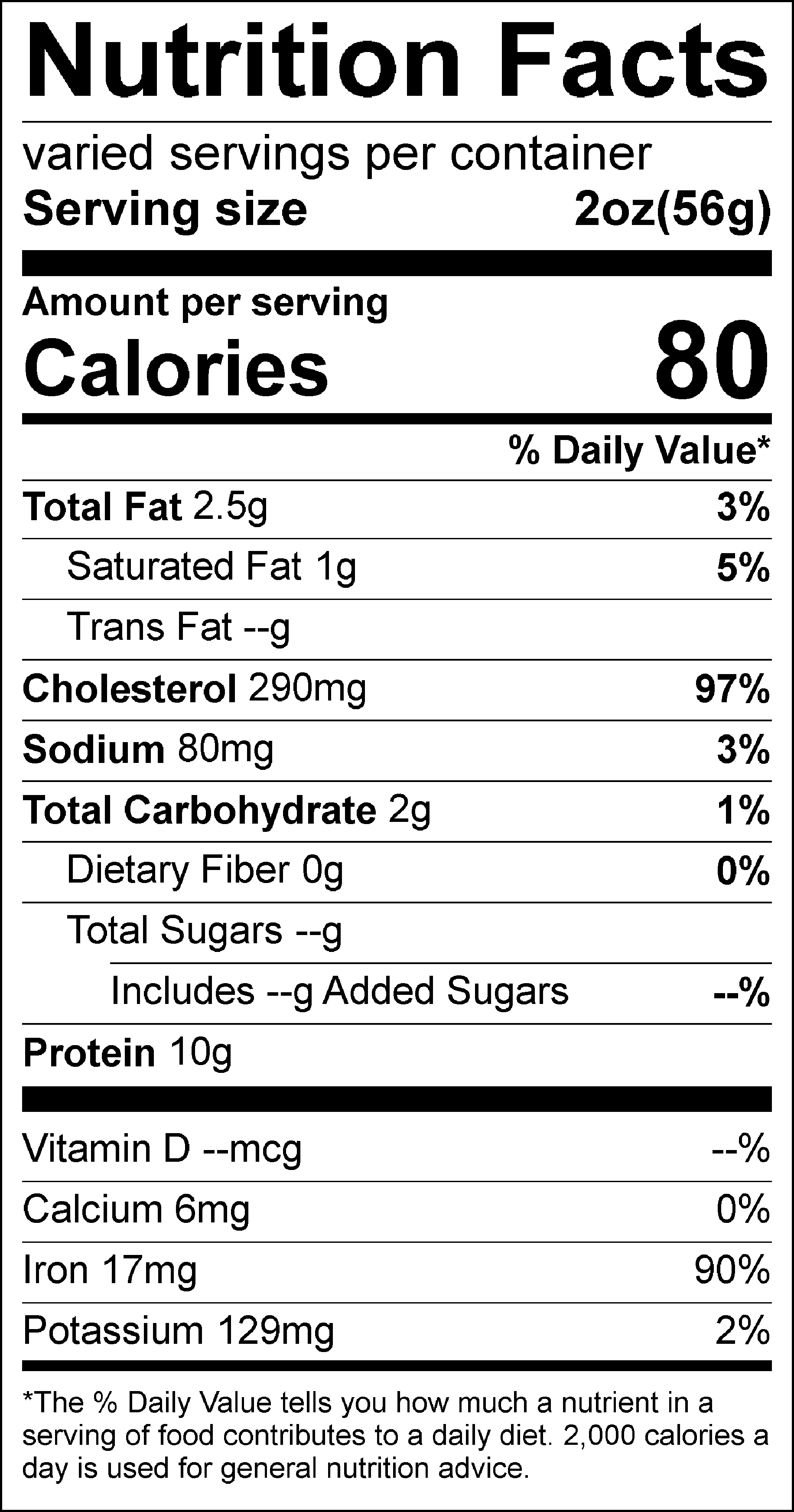 Nutrition facts label for a food product with serving size, calories, and nutritional content details.