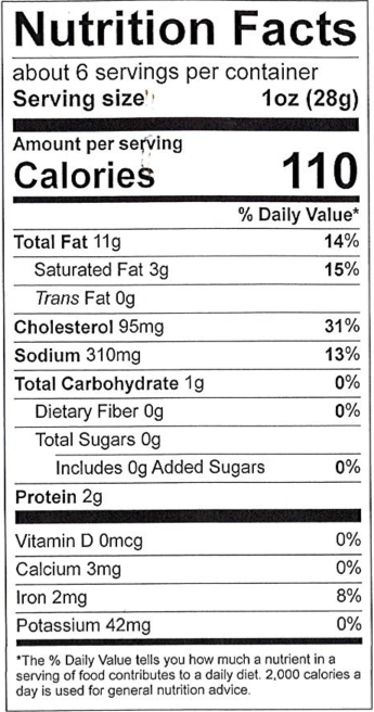 Nutrition facts label for a food product with serving size, calories, and nutritional content details.