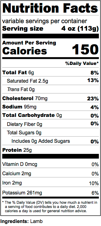 Nutrition facts label for a product with serving size, calories, and nutritional content details.