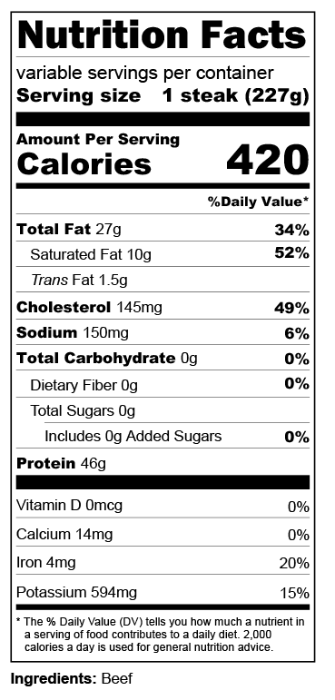 Nutrition facts label for a beef filet with serving size and calories listed.