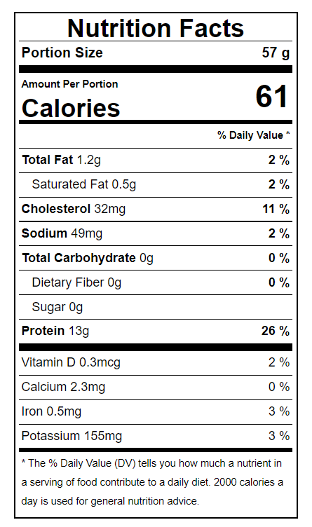 Nutrition facts label for a food product with detailed calorie count and nutritional content.
