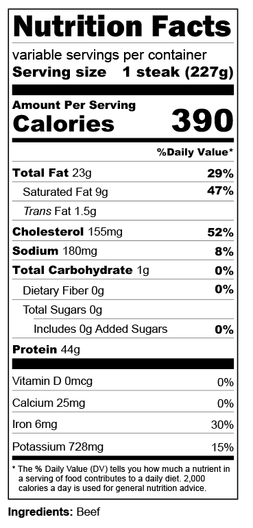 Nutrition facts label for a beef filet with serving size and calories listed.