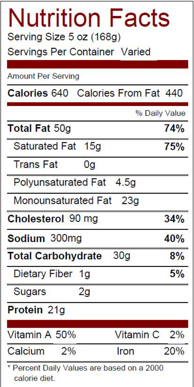 Nutrition facts label for a food product with detailed calorie count and nutritional breakdown.