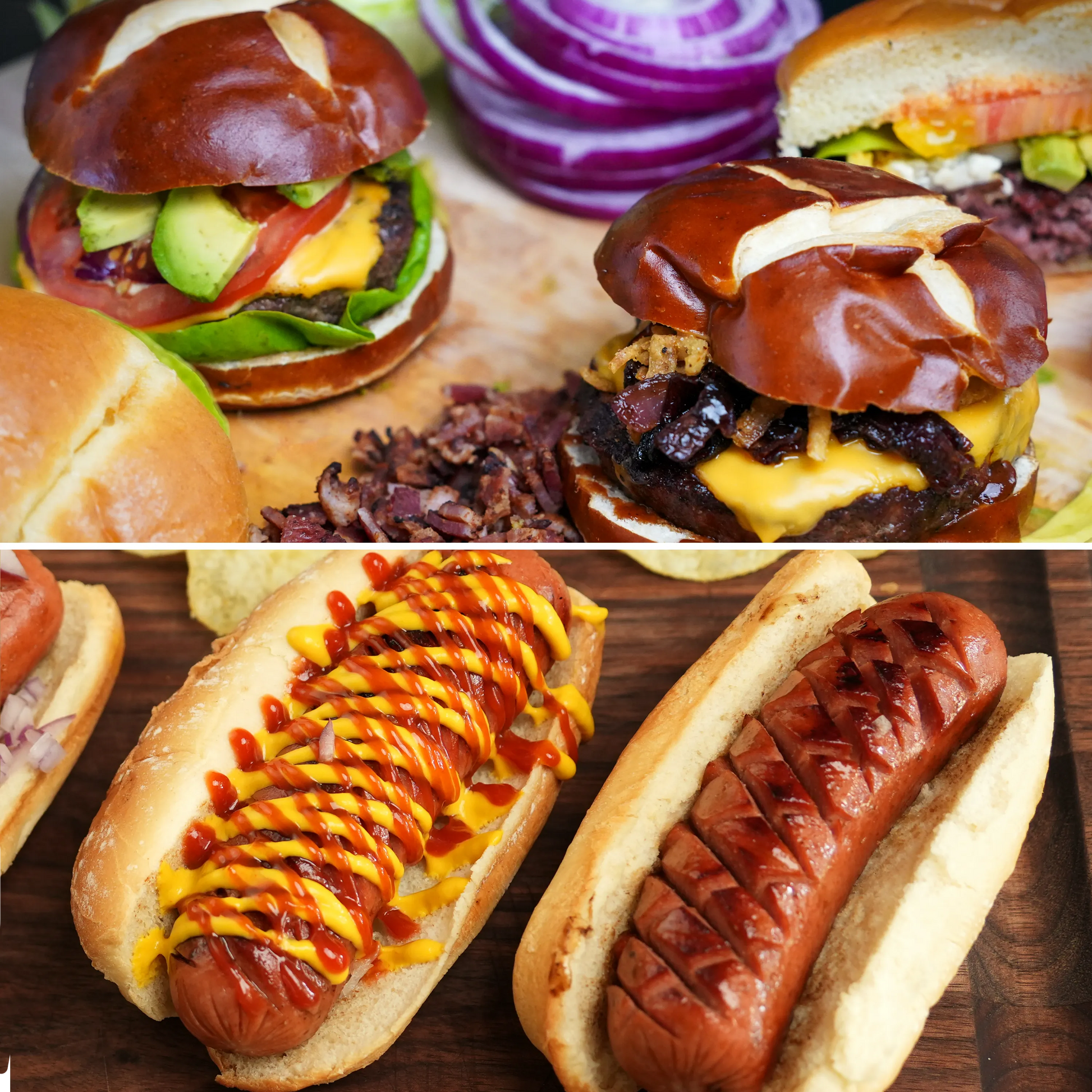 All-American Combo: Juicy cheeseburgers with pretzel buns and grilled hot dogs in soft buns, featuring USDA Prime steak burgers and Chicago style steak dogs.