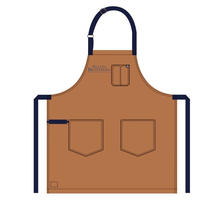Hedley & Bennett Essential Apron with navy adjustable straps, featuring three patch pockets and the “Allen Brothers” logo above the chest pocket, showcasing contrast stitching.