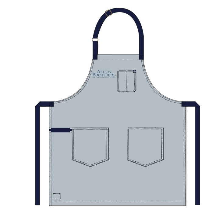 Hedley & Bennett Essential Apron featuring a chest pocket with pen slot, two larger front pockets, navy adjustable straps, and Allen Brothers branding above the chest pocket.