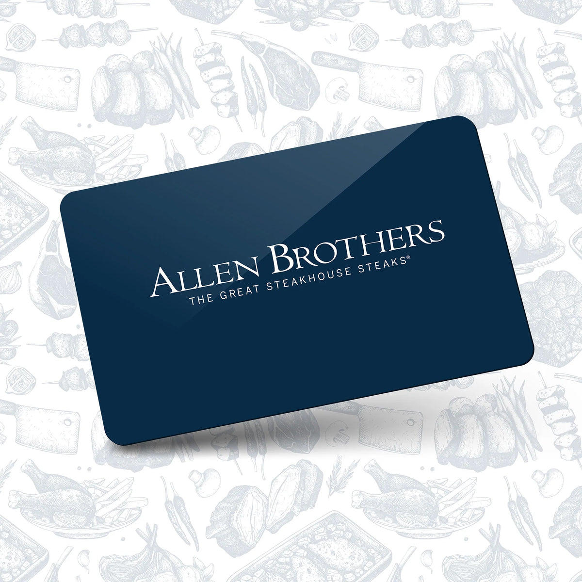 Blue gift card with 'Allen Brothers' text on a white background with steak illustrations