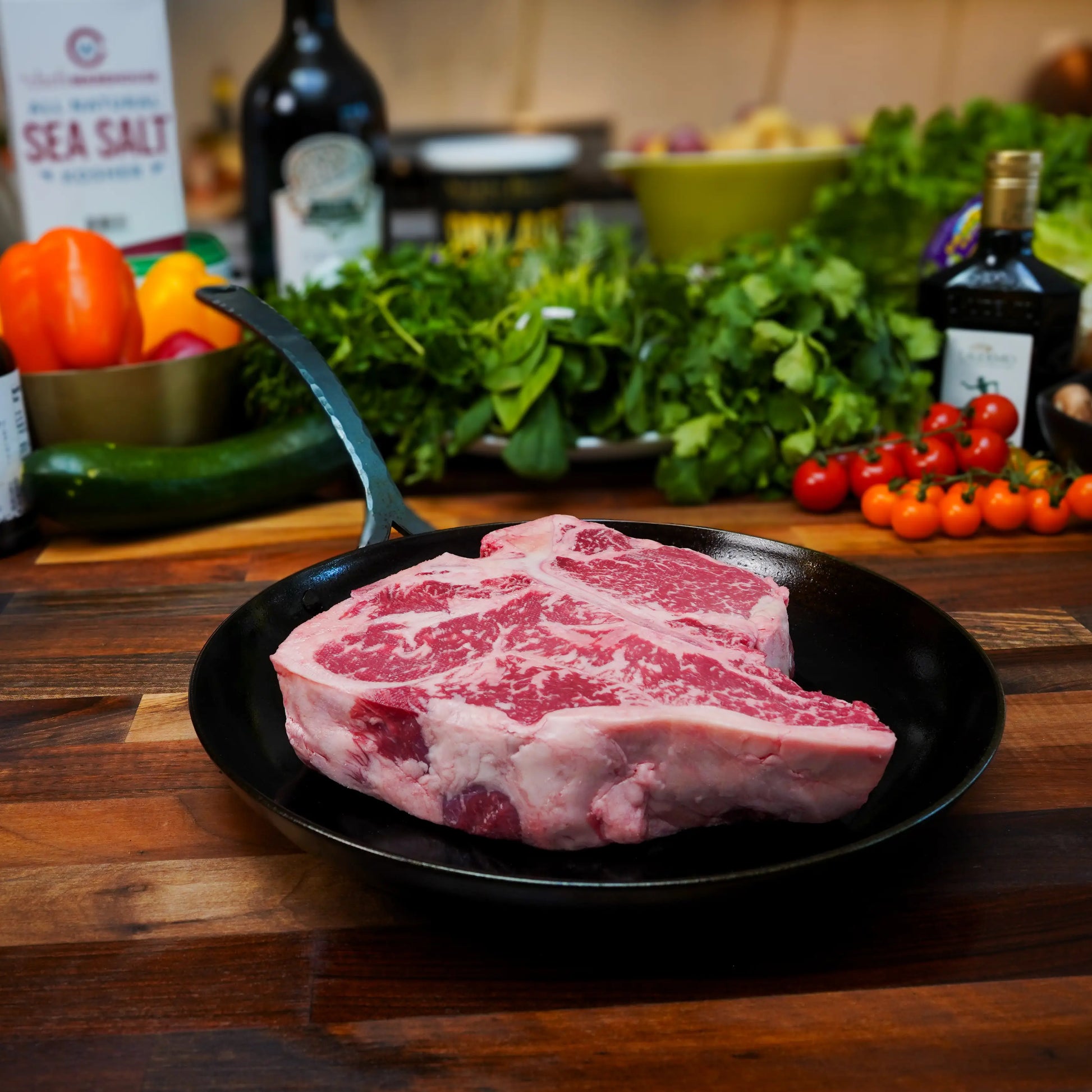 Porterhouse in pan with ingredients