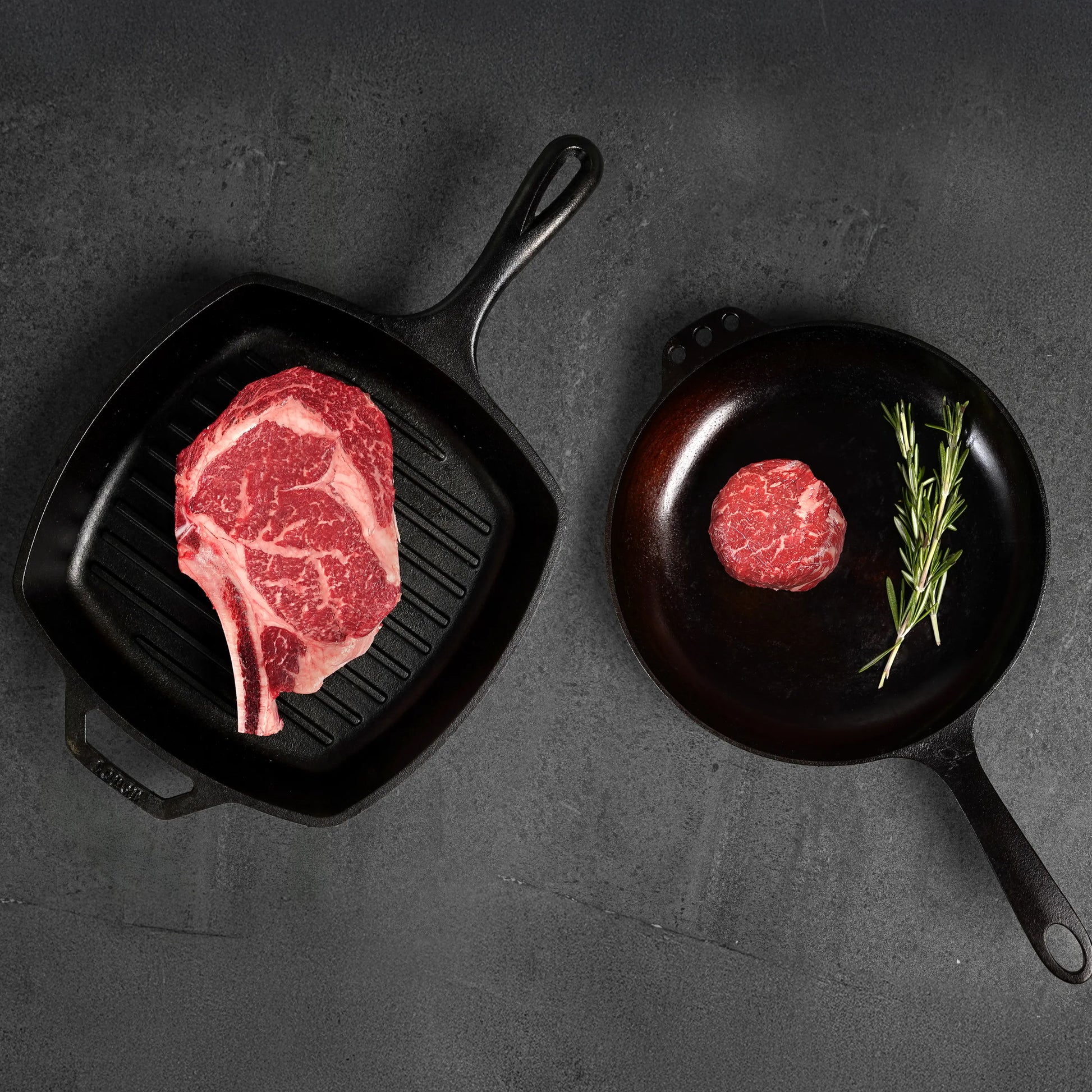 Split Bone ribeye and filet in Pans