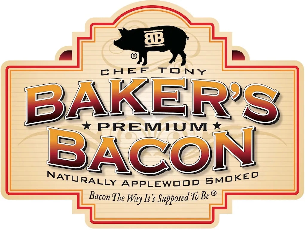 Baker's Premium Bacon logo with a pig illustration on a beige background