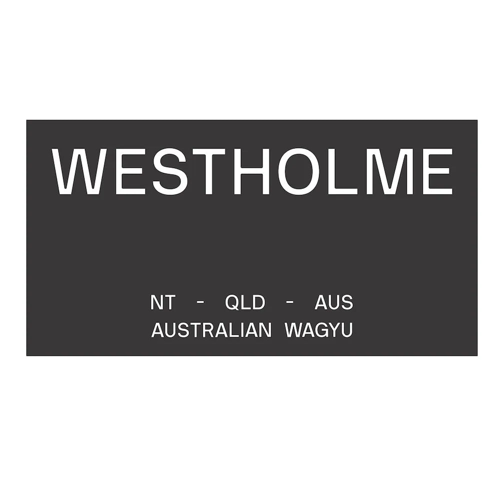 Black rectangular label with 'WESTHOLME' and 'AUSTRALIAN WAGYU' text on a white background