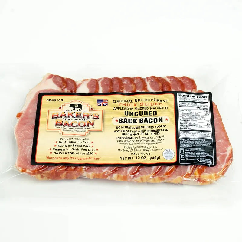 Uncured British Style Back Bacon package, 12 oz, showcases naturally smoked, applewood-smoked bacon with no preservatives, made from heritage-breed pork with a vegetarian diet.