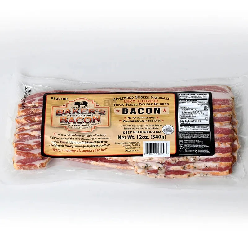Package of Baker’s Premium Double Smoked Thick Sliced Bacon, applewood-smoked, dry-cured, visible through clear packaging with nutrition facts and brand label.