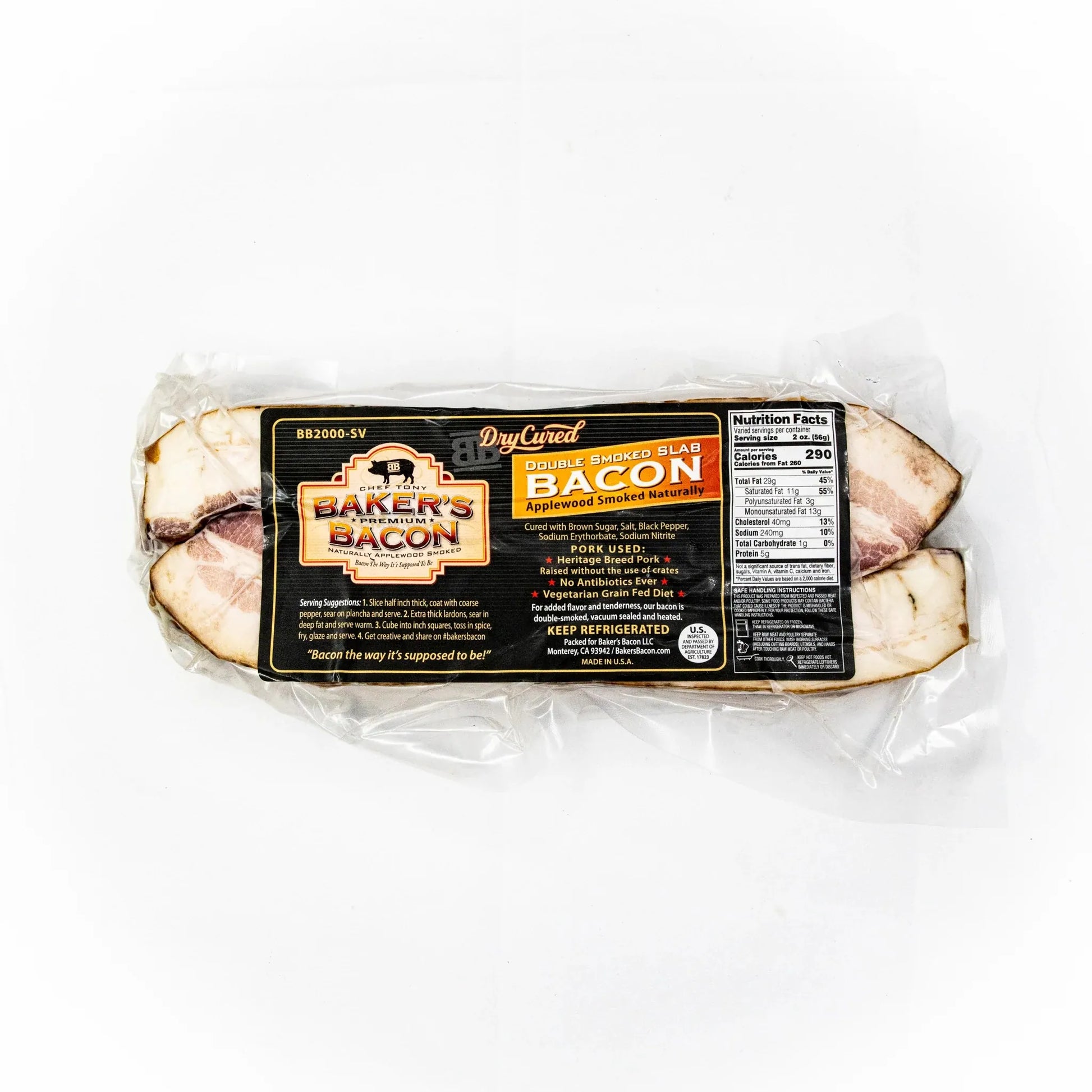 Sous Vide Extra Thick Steak Cut Bacon in vacuum-sealed pack, showcasing Baker’s Premium Bacon label, ingredients, and nutrition facts, highlighting its tender, double-smoked applewood flavor.