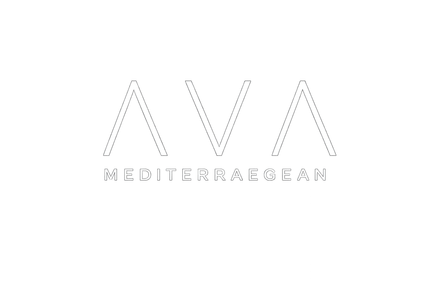 Minimalist logo featuring the stylized letters 'AVA' in a thin outlined geometric font, with 'MEDITERRAEGEAN' written underneath in a matching sans-serif type, all on a solid white background.
