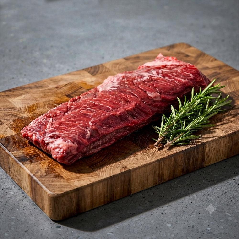 Westholme Australian Wagyu Hanger Steak on a wooden cutting board with fresh rosemary, showcasing its tenderness and rich beefy flavor.