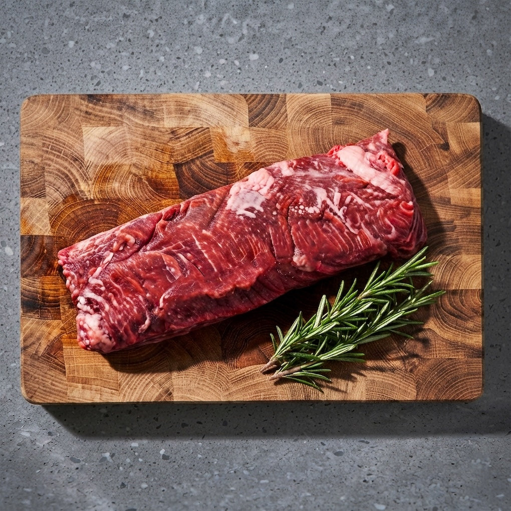 Westholme Australian Wagyu Hanger Steak on wooden board with rosemary sprig, showcasing its tender texture and intense flavor, ideal for high-heat searing.