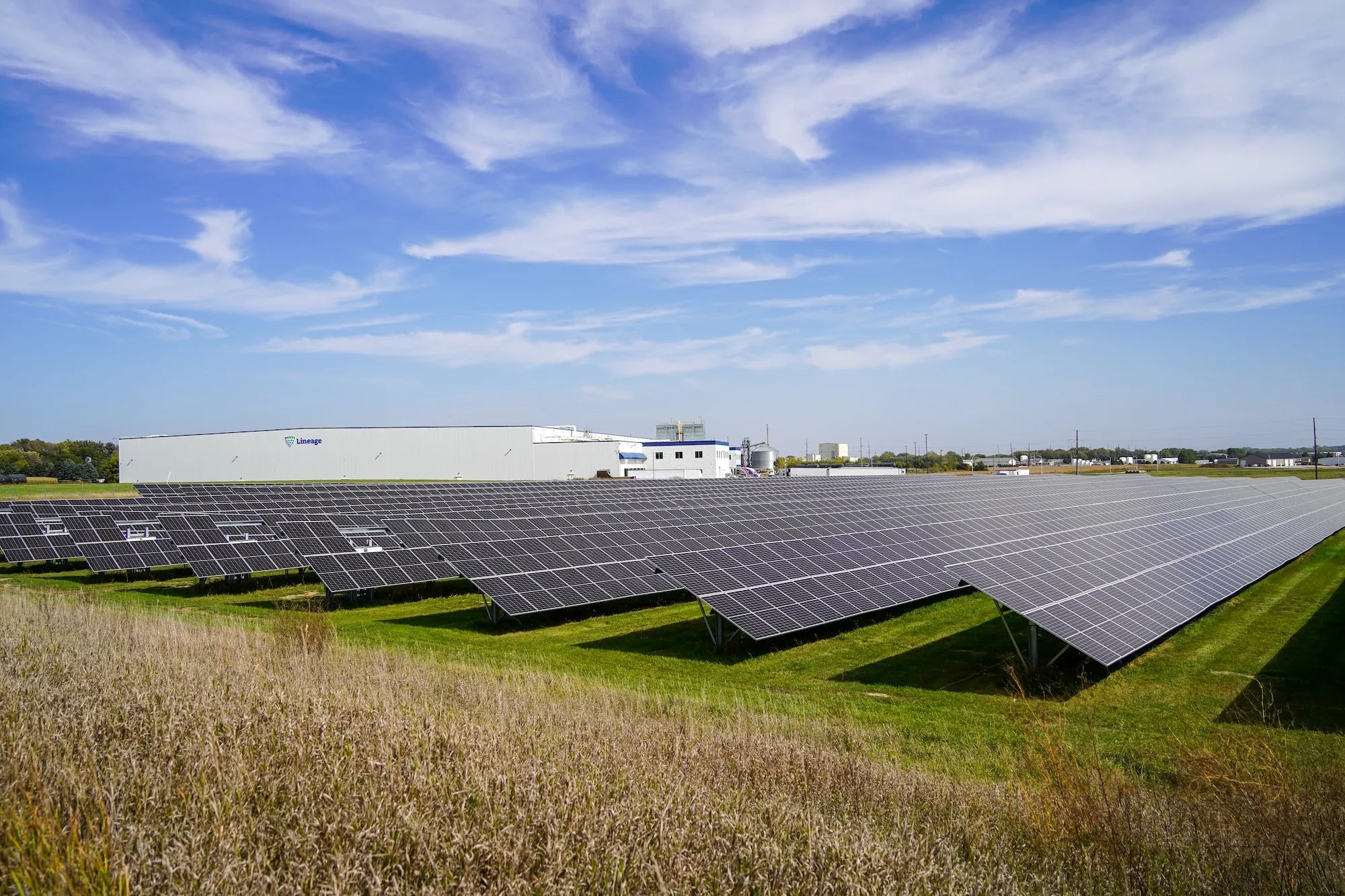 Large solar panel field with a clear blue sky