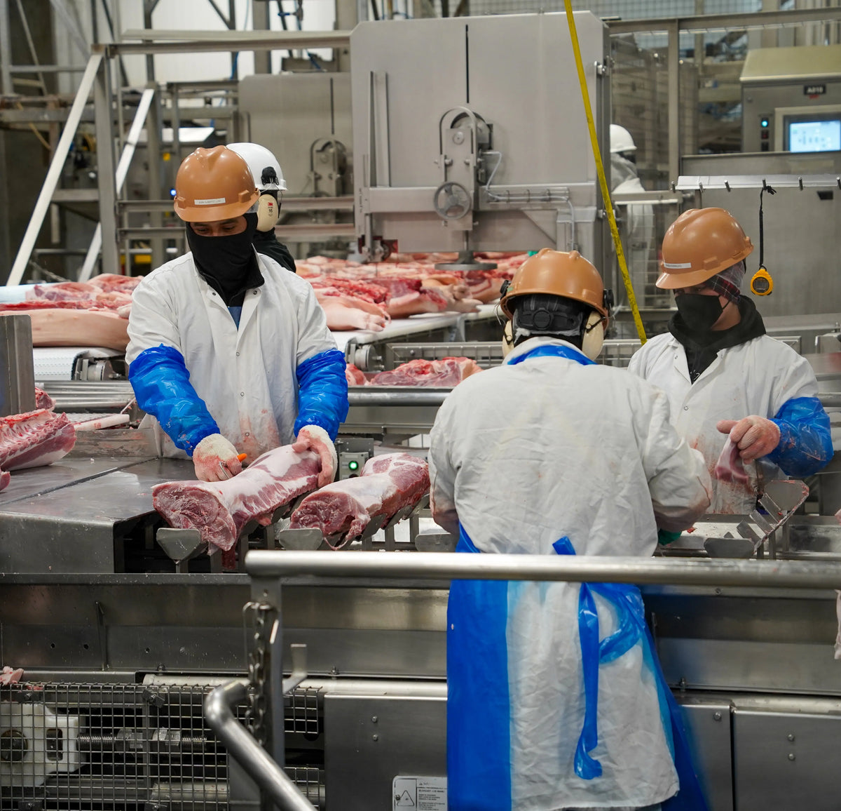 Workers in a meat processing plant handling raw meat.