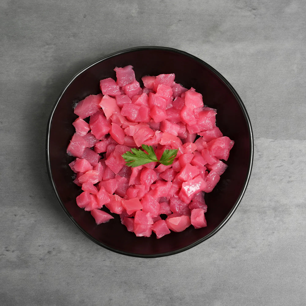 Foley Yellofin Tuna AAA Graded Poke Cubes in a black bowl