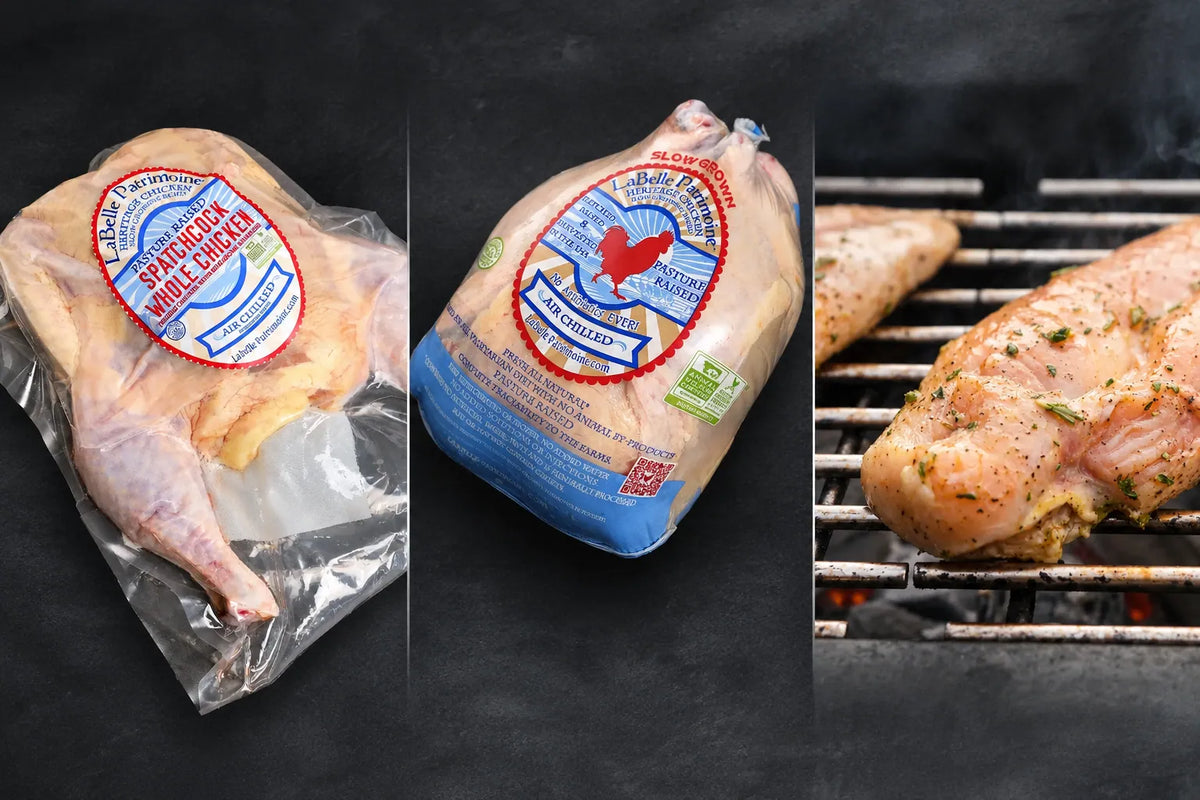 Heritage Chicken Collection featuring whole heritage chicken, spatchcock chicken, and boneless skinless chicken breasts.