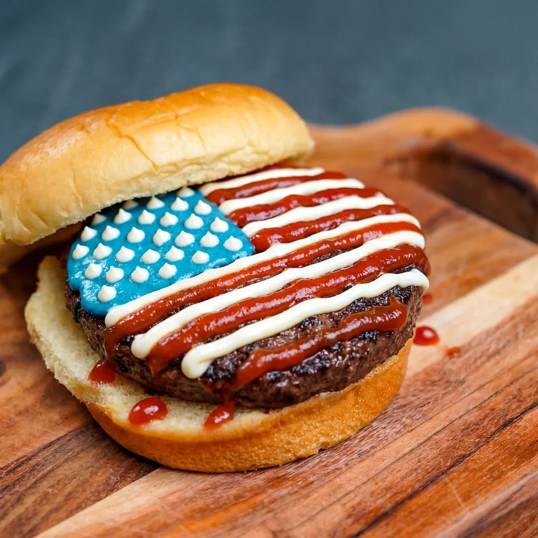 Hamburger with American flag design on top, placed on a wooden cutting board.
