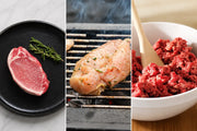 Weeknight Essentials Collection featuring boneless chicken breasts, Heritage Duroc pork chops, and USDA Prime ground beef.