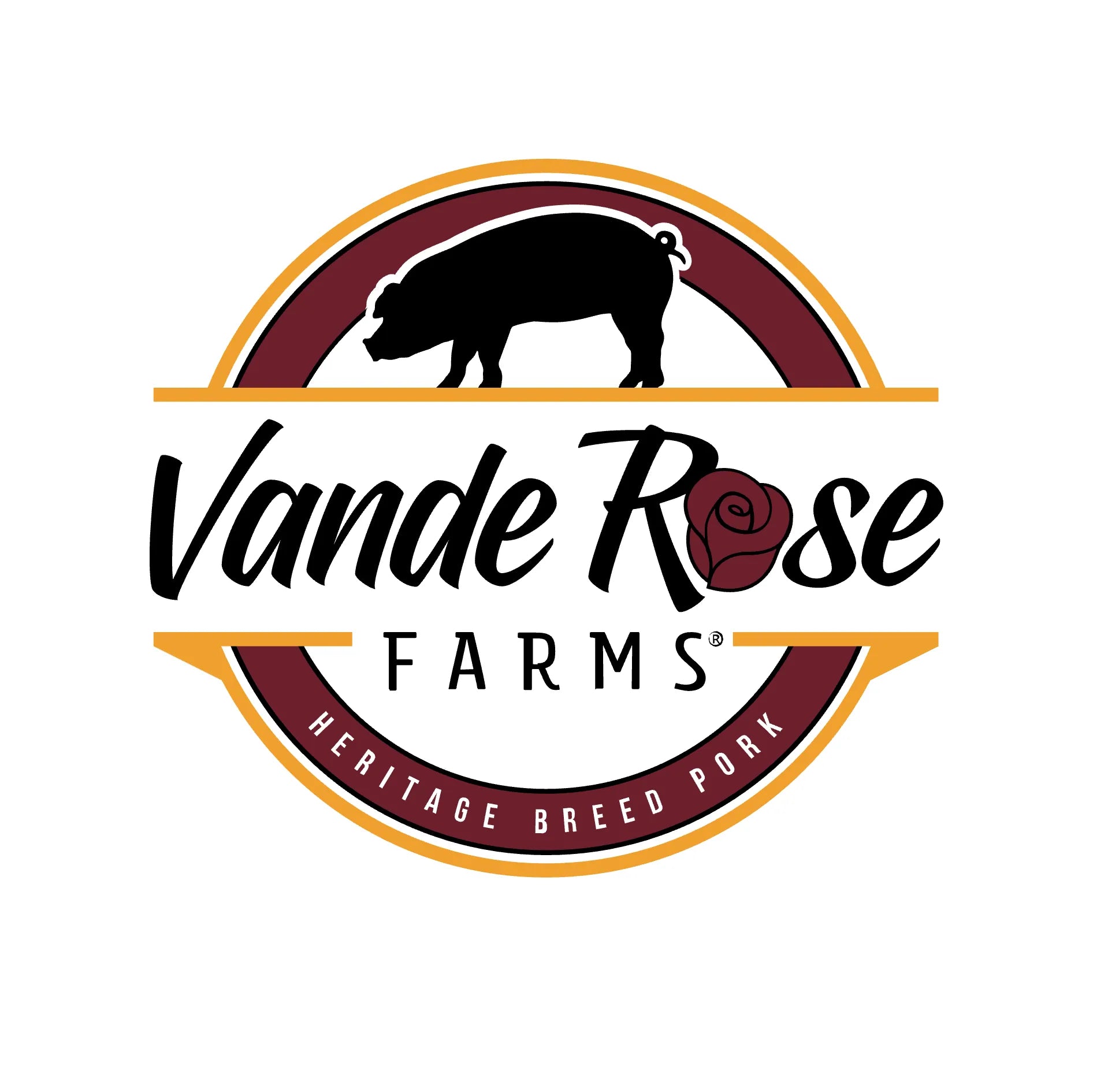 Vande Rose Farms logo with a pig silhouette and rose on a white background