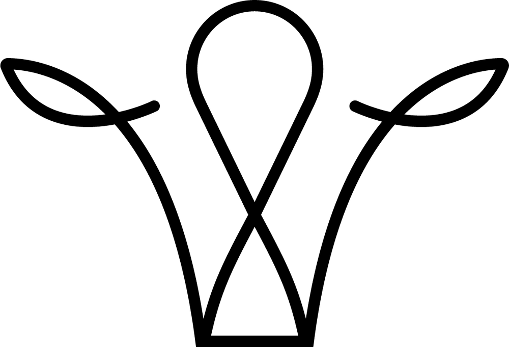 A minimalist black line art icon depicting a stylized cow head or horned emblem on a solid white background.