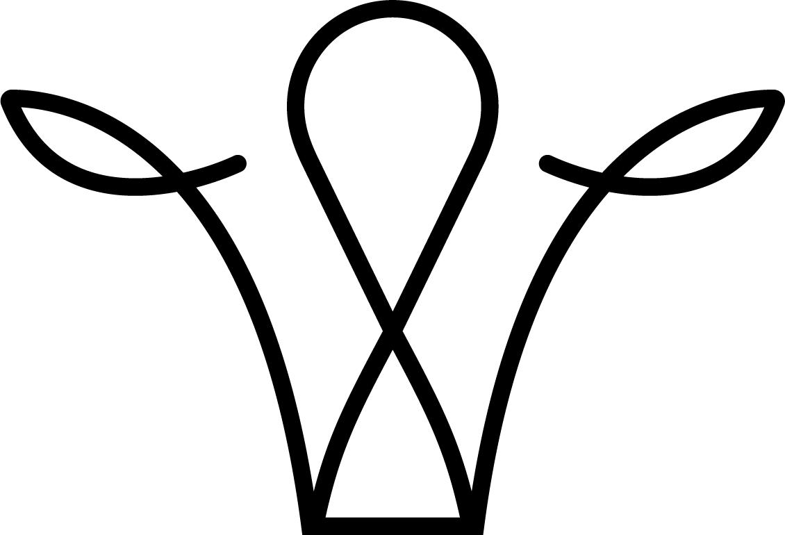 A minimalist black line art icon depicting a stylized cow head or horned emblem on a solid white background.