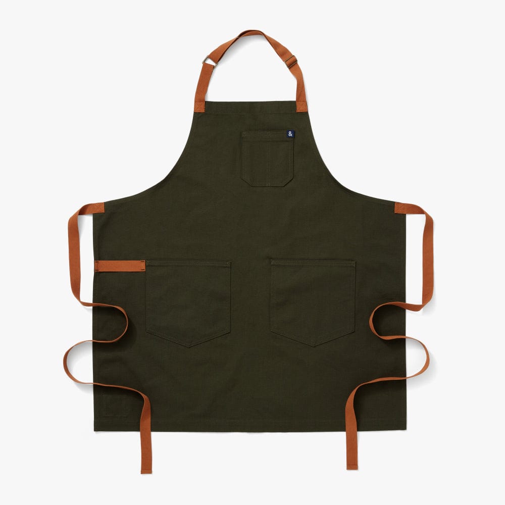 Olive green apron with front pockets and tan-orange adjustable neck straps