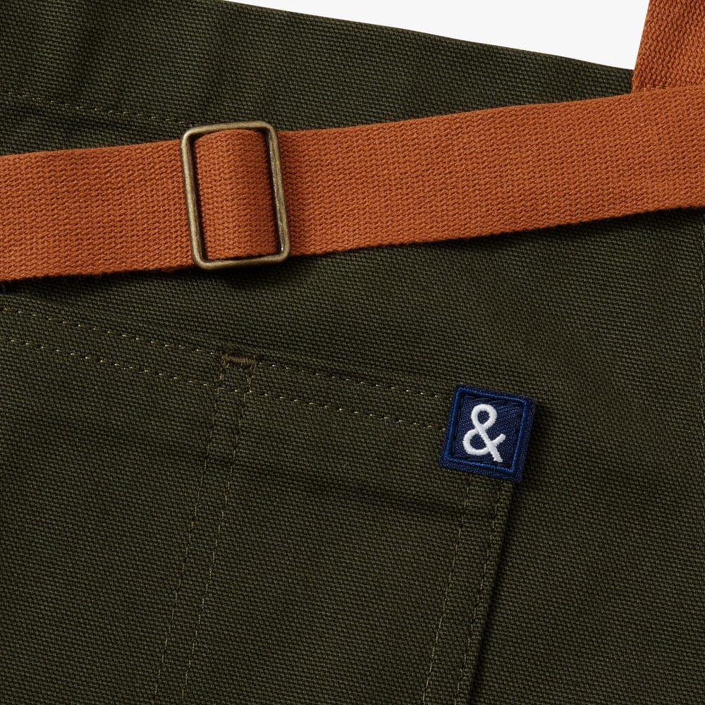 Olive apron neck strap with metal buckle and blue & logo patch