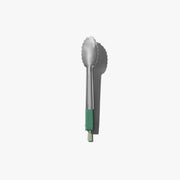 A stainless steel tongs with a mint green handle grip, shown vertically against a light gray background with a soft shadow.