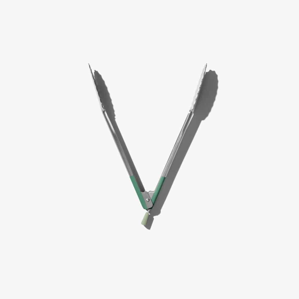 Stainless steel tongs with green hinge and pointed gripping ends