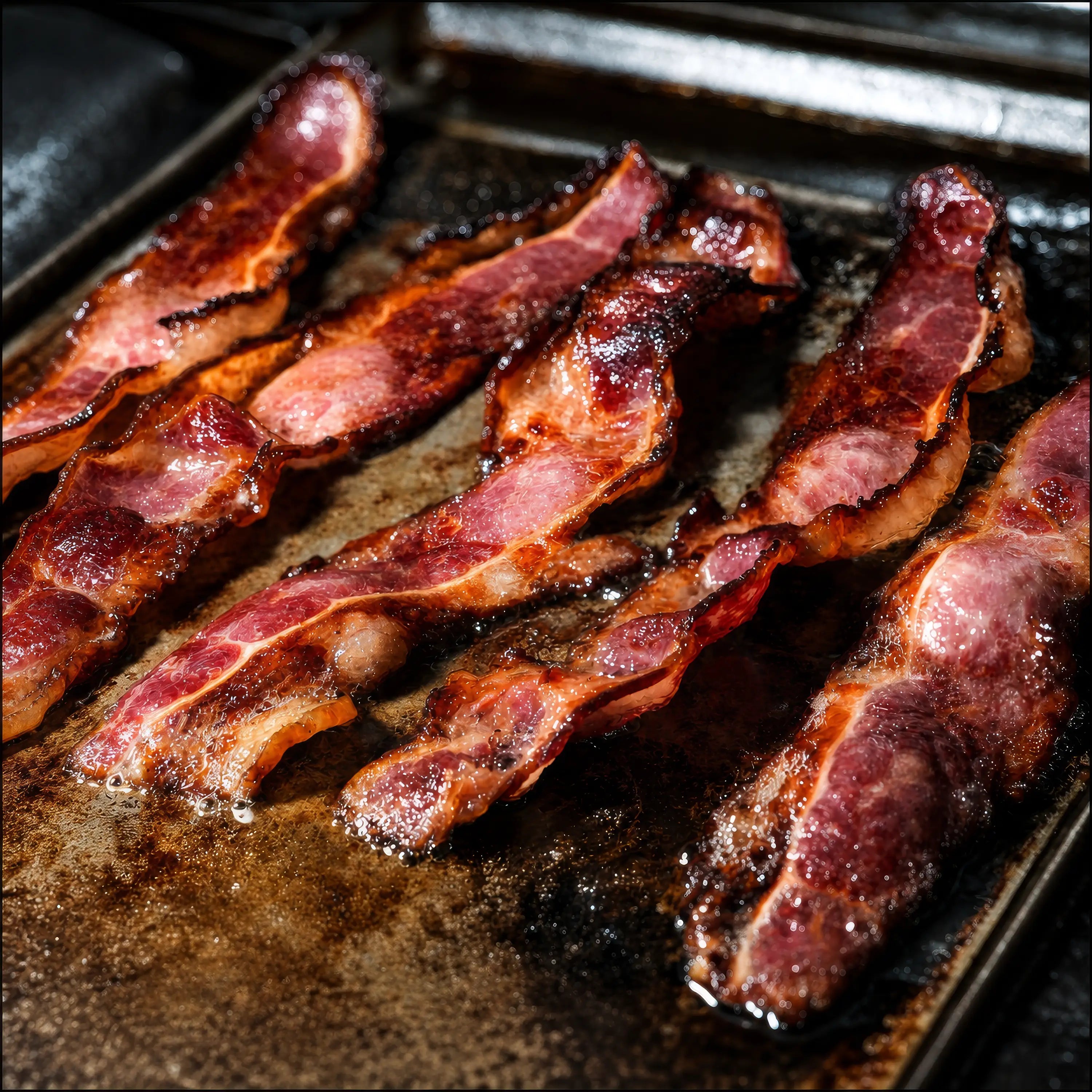 Close-up of Westholme Australian Wagyu Halal Beef Bacon, showcasing crispy edges and glistening rendered fat, highlighting its rich, beefy quality and smoky aroma.