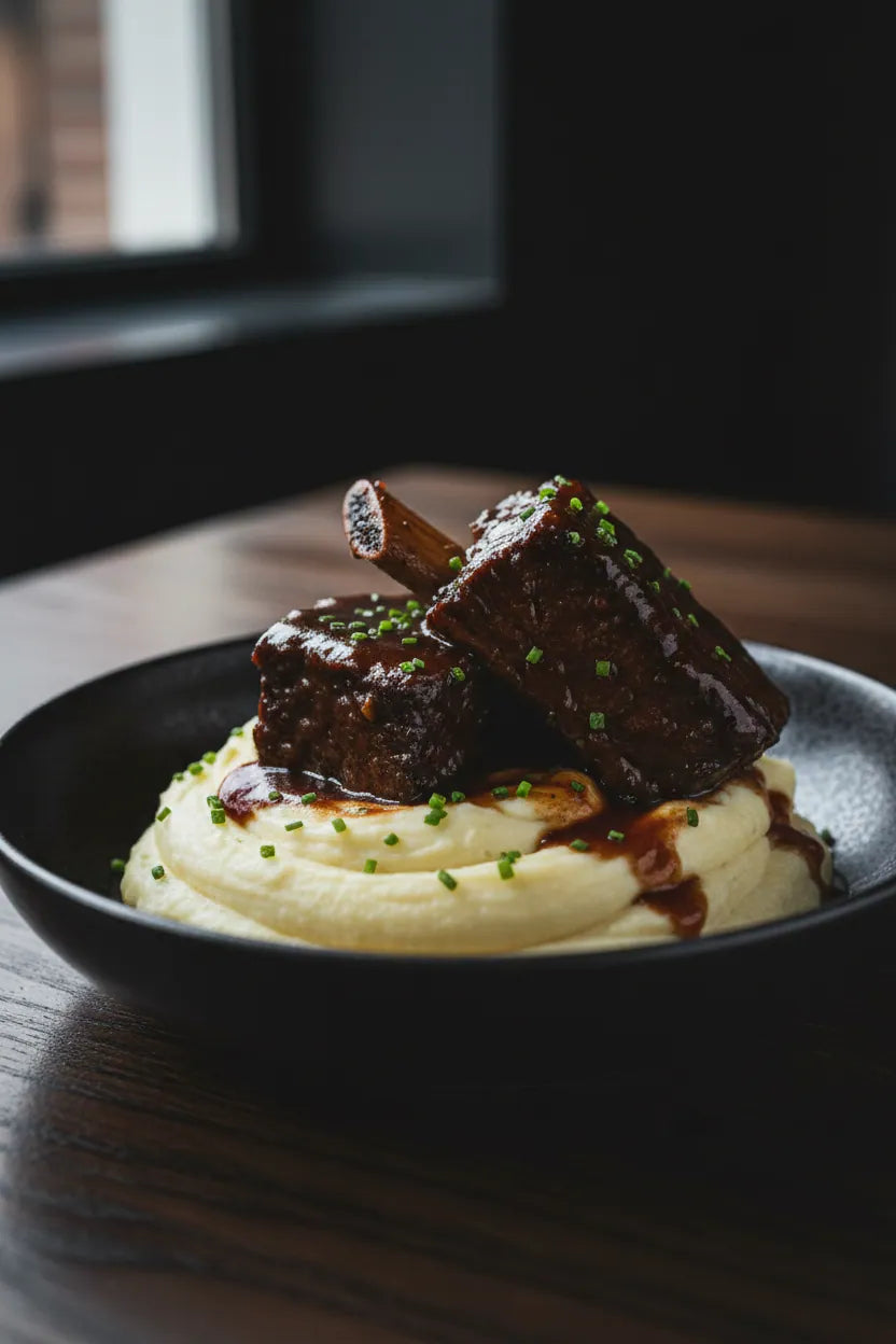 Dish of braised meat over mashed potatoes with a dark background