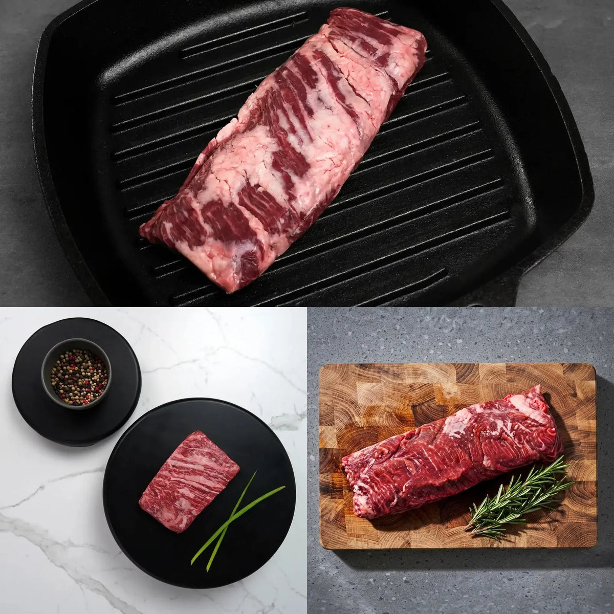 The Butcher's Reserve Collection featuring USDA Prime skirt steak, Rosewood Texas Wagyu bavette, and Australian Wagyu hanger steak.