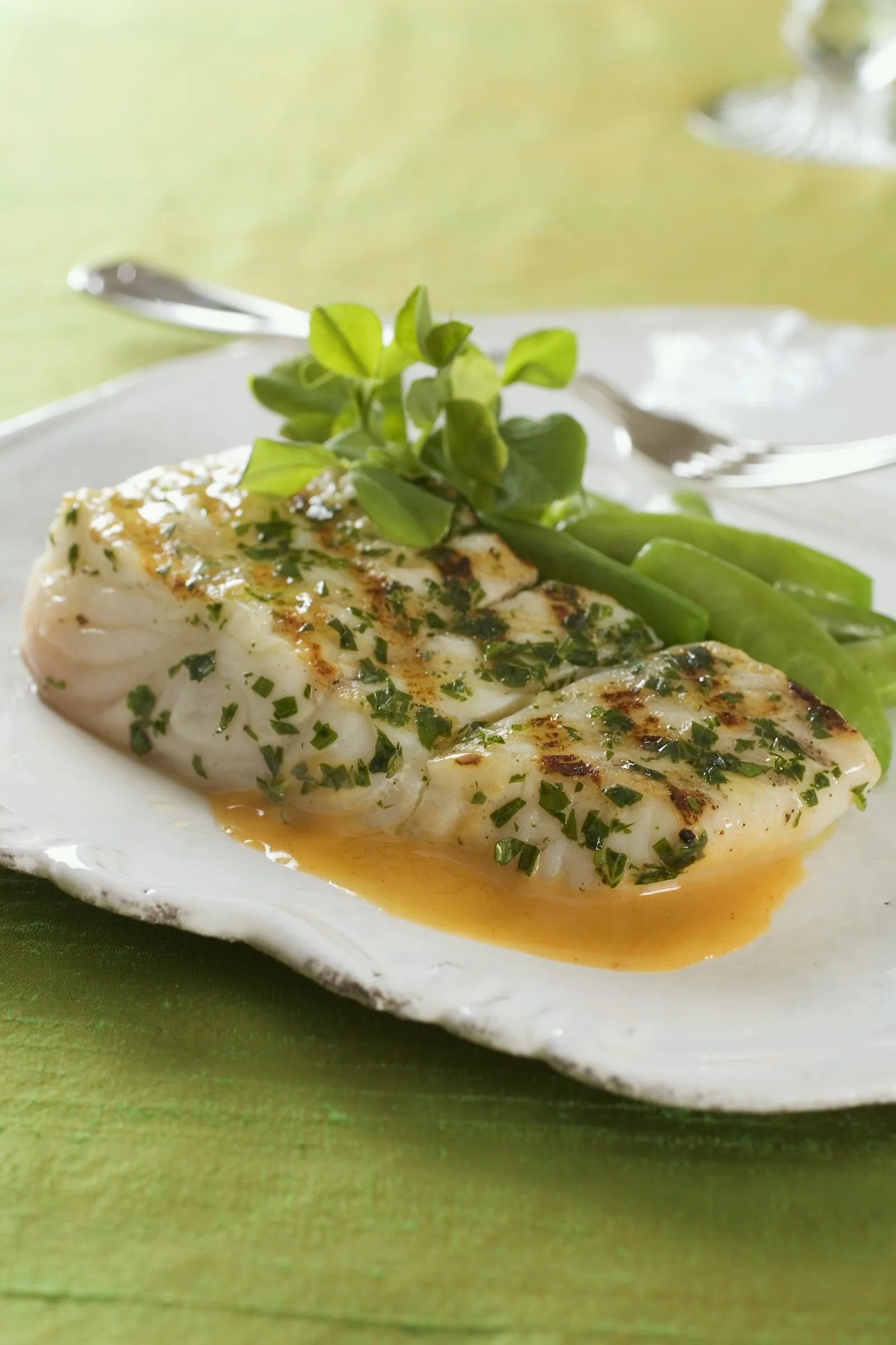 Plated dish of cooked fish with herbs on a green tablecloth