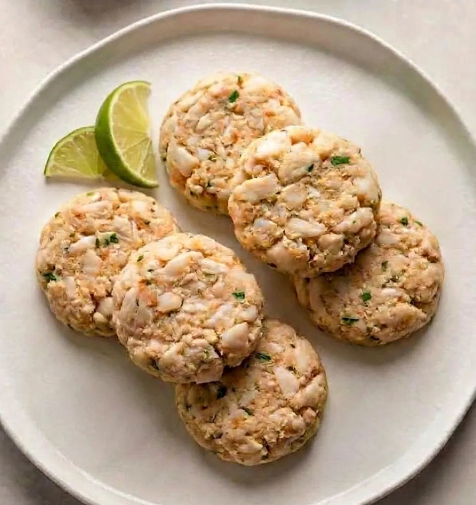 Key West Crab Cakes, uncooked rounds of crab meat with vegetables and seasonings, displayed with two lime wedges for a fresh culinary experience.