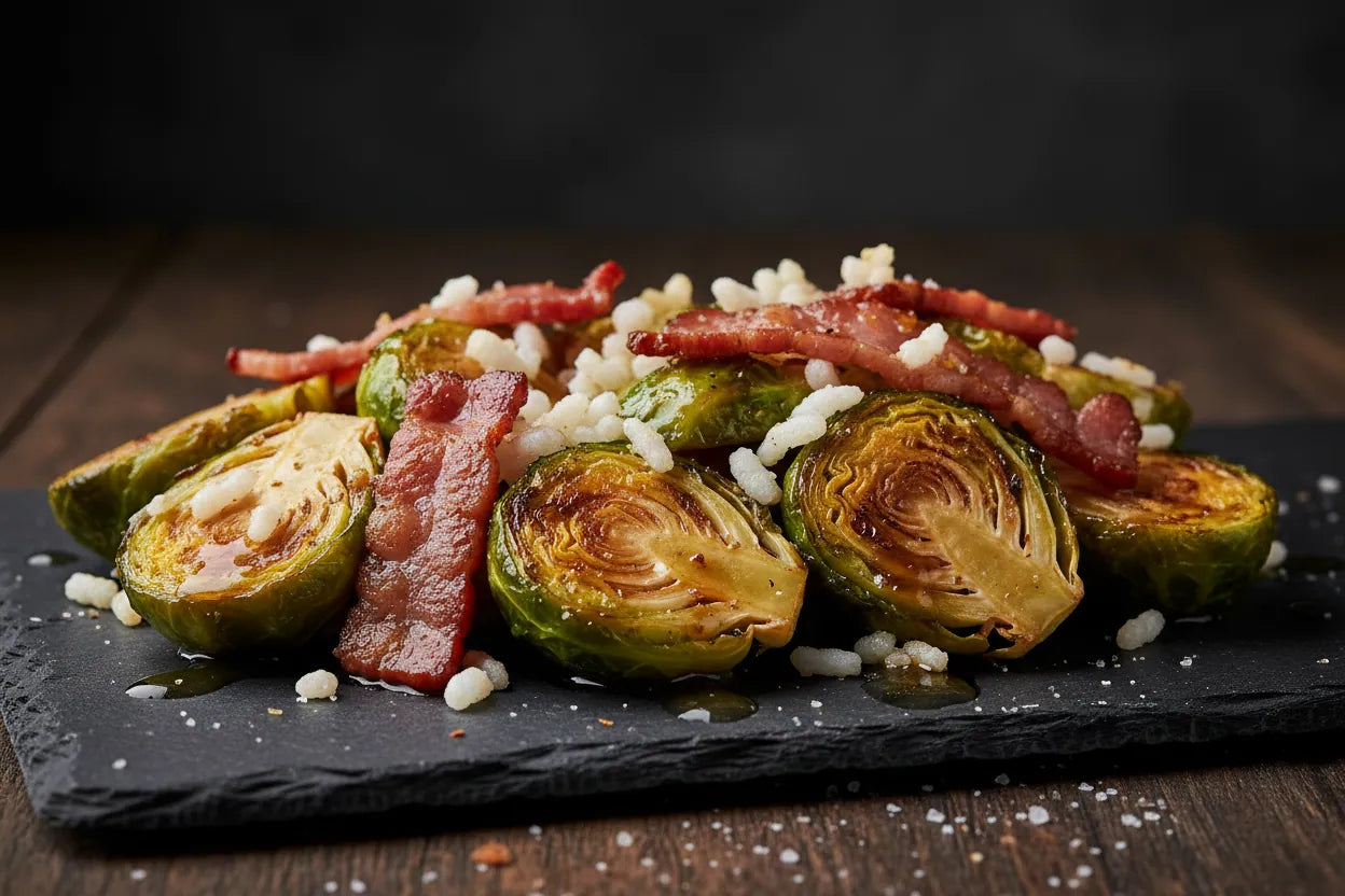 Roasted Brussels sprouts with bacon on a dark slate plate