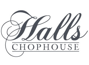 Logo of Halls Chophouse with decorative text on a white background
